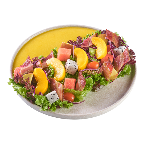 Fruit Salad with Bacon & Peach Sauce